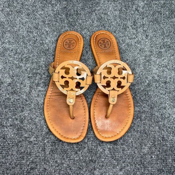Tory Burch Miller Sandals Women's Size 7.5 Brown Leather Toe Post Flip Flops - Picture 3 of 11